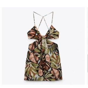 NWT- Zara bohemian botanical print cutout linen dress size XS